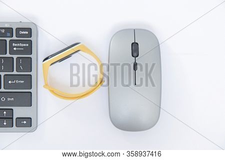 Keyboard And Mouse Are Grey Color On Background There Are Equipment For Work From Home
