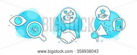 Medical Drugs, Like And Loyalty Program Line Icons Set. Handshake Deal, Research And Promotion Compl