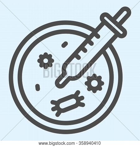 Virus Analysis Plate And Pipette Line Icon. Petri Dish Outline Style Pictogram On White Background. 