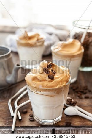 Whipped Coffee In A Glass With Coffee Beans