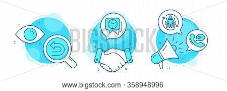 Undo, Clock And Teamwork Line Icons Set. Handshake Deal, Research And Promotion Complex Icons. 24h S