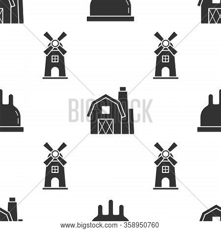 Set Udder, Farm House Concept And Windmill On Seamless Pattern. Vector