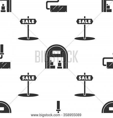Set Paint Roller Brush, Warehouse And Hanging Sign With Text Sale On Seamless Pattern. Vector