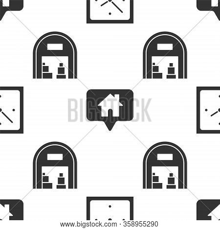 Set Clock, Map Pointer With House And Warehouse On Seamless Pattern. Vector