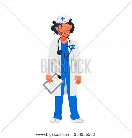 Doctor. Tired Doctor In Medical Gownwith Stubble On Face. Medical Team In Conditions Of Coronavirus 