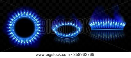Gas Burner With Blue Flame, Glowing Fire Ring On Kitchen Stove. Vector Realistic Mockup Of Burning P