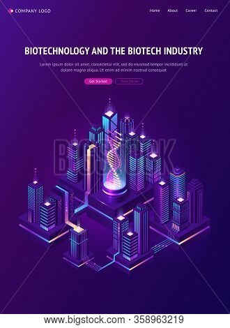 Biotechnology And Biotech Industry Isometric Landing Page. Smart City With Dna Hologram Projection I