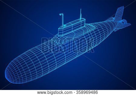 Military Atomic Submarine Underwater Boat. Wireframe Low Poly Mesh Vector Illustration