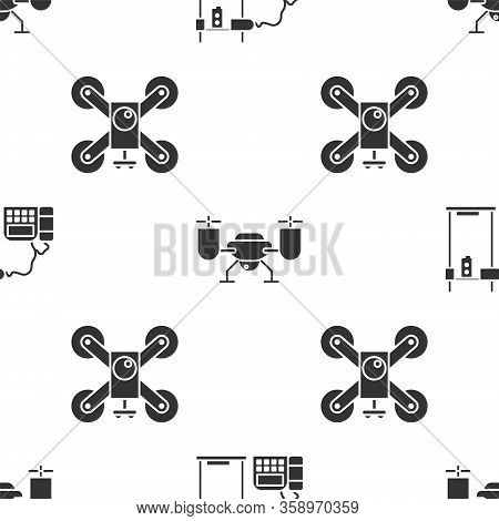Set 3d Printer, Drone Flying With Action Camera And Drone Flying With Action Camera On Seamless Patt