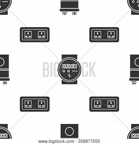 Set Car Battery, Electric Meter And Electrical Outlet On Seamless Pattern. Vector