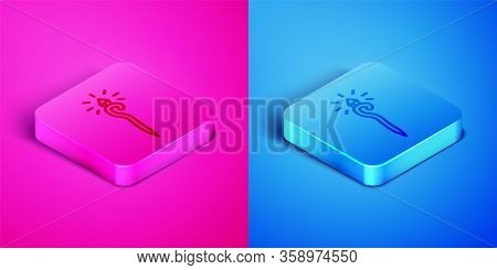 Isometric Line Magic Staff Icon Isolated On Pink And Blue Background. Magic Wand, Scepter, Stick, Ro