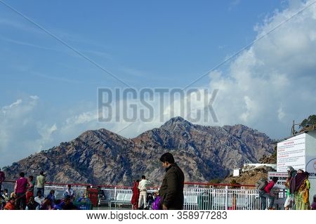 March 19, 2017 At Vaishno Devi, Jammu, India - Crowd Of Devotees Visiting The Shrine With Mountain A