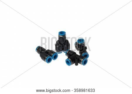 Varna, Bulgaria - March 21, 2020: Set Of Festo Pneumatic Y And T Shape Fittings, Isolated On White. 
