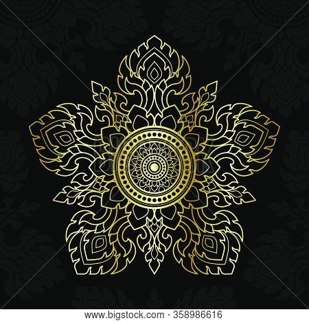 Thai Pattern Art, Vector Golden Lines. Pentagon Shape On A Black Background.