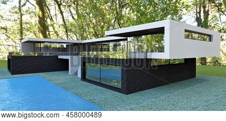 Stunning Luxury High Tech House With Big Pool In A Sunny Forest. Flat Roof And Large Terrace. 3d Ren