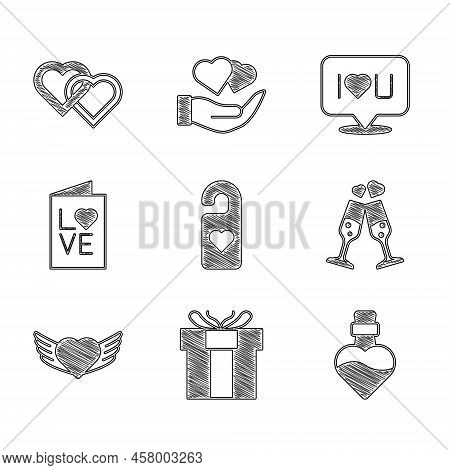 Set Please Do Not Disturb With Heart, Gift Box, Bottle Love Potion, Glass Of Champagne, Heart Wings,
