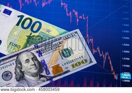 Us Dollar And Euro Banknotes Over Digital Screen With Real Life Exchange Chart, Usd Eur Parity Conce