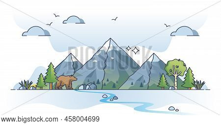 Mountain Landscape With Hills And Summits In High Altitude Outline Concept. Alps Peak Climate With F