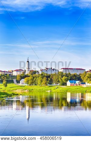 Belarus Travel Destinations. Cityscape Of Mogilev City At Daytime Across The Dubrovenka And Dnieper 