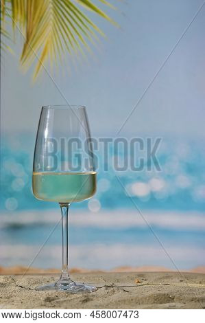 Closeup Summer White Wine Glass On Beach