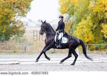 Young Horse Rider Girl On Her Advanced Dressage Test In Equestrian Competition