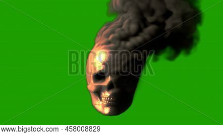 Grey Scary Burning Human Skull On Chroma Key Screen With Fire - War Concept, Isolated - Object 3d Re
