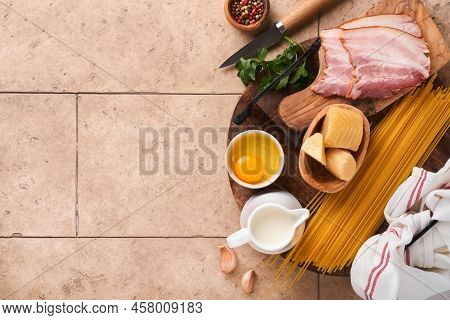 Ingredients For Pasta Carbonara. Traidtional Italian Pasta Carbonara Ingredients Bacon, Spaghetti, P