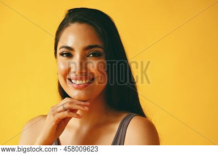 Headshot Beauty Shot Of Hispanic Latina Woman Smiling Young Adult With Black Long Hair And Tank Top 