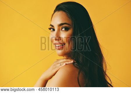 Headshot Beauty Shot Of Hispanic Latina Woman Smiling Young Adult With Hand On Shoulder Black Long H