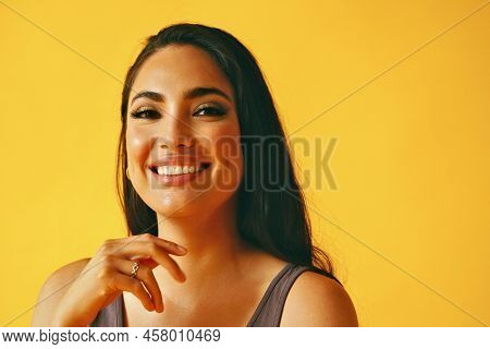 Headshot Beauty Shot Of Hispanic Latina Woman Smiling Young Adult With Black Long Hair And Tank Top 
