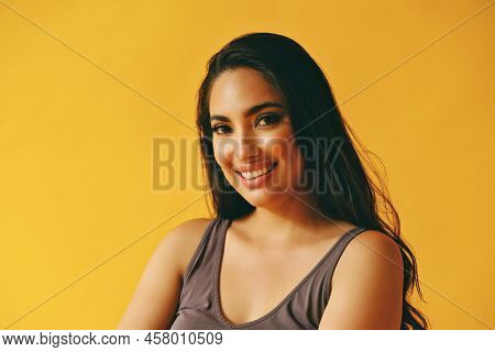 Headshot Beauty Shot Of Beautiful Hispanic Latina Woman Smiling Young Adult With Black Long Hair And