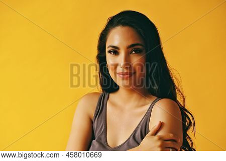 Headshot Beauty Shot Of Sensual Hispanic Latina Woman Smiling Young Adult With Black Long Hair And T