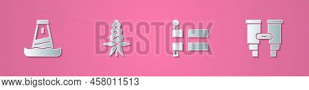 Set Paper Cut Lighthouse, Lupine Flower, Flag Of Iceland And Binoculars Icon. Paper Art Style. Vecto