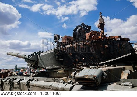 Prague, Czech Republic, 11 July 2022: Exhibition Of Russian Invasion Weapons Destroyed By Ukrainian 