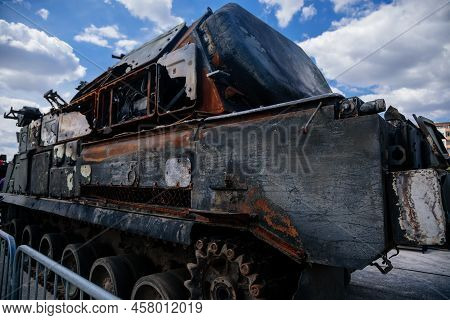 Prague, Czech Republic, 11 July 2022: Exhibition Of Russian Invasion Weapons Destroyed By Ukrainian 