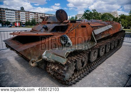 Prague, Czech Republic, 11 July 2022: Exhibition Of Russian Invasion Weapons Destroyed By Ukrainian 
