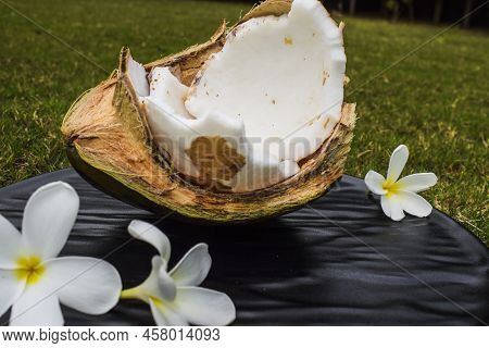 Half Broken Tender Coconut. Fresh Green Coconut Fruit Organic Edible. Tender Pulp Of Coconuts Tropic