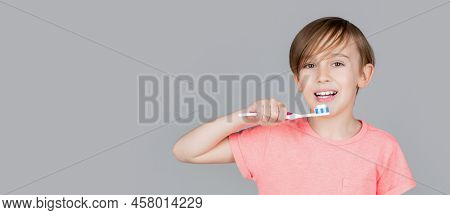 Dental Hygiene. Happy Little Kid Brushing Her Teeth. Kid Boy Brushing Teeth. Boy Toothbrush White To