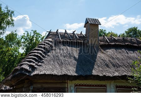 Architectural Detail Of Authentic Old Village Thatched House Roof Folk Architecture In Ethnographic 