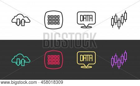 Set Line Cloud Download And Upload, Binary Code, Data Analysis And Browser With Stocks Market On Bla