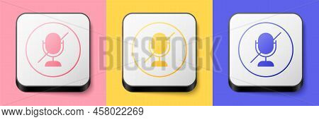 Isometric Mute Microphone Icon Isolated On Pink, Yellow And Blue Background. Microphone Audio Muted.