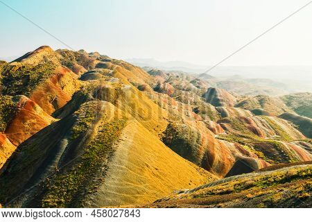 Scenic Aerial Fly Over Over Colorful Spectacular Rainbow Valley Panorama In Gareja Desert, Mravaltsk
