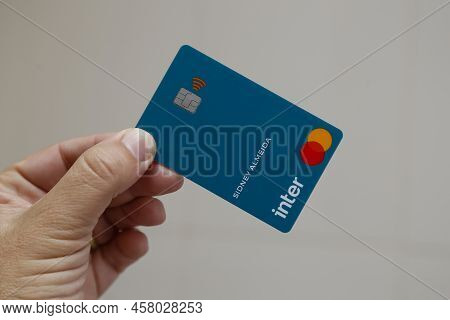 Minas Gerais, Brazil - July 09, 2022: Inter Bank Logo Credit Card And Mastercard Brand