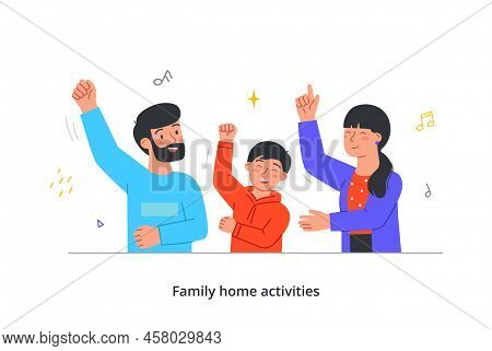 Family Home Activities Concept. Happy Parents With Child Dance To Cheerful Music Or Melody. Smiling 