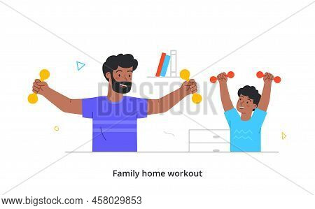 Family Home Activities Concept. Happy Father And Child Play Sports, Perform Physical Exercises And L