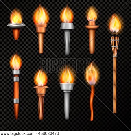Torch Realistic Set With Isolated Hand Cresset Images Of Various Shape With Flame On Transparent Bac