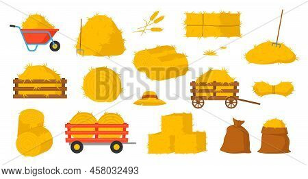 Set Of Bale Of Hay Icons. Stickers With Dry Straw, Hayloft, Roll Pile, Wooden Or Metal Wheelbarrow A