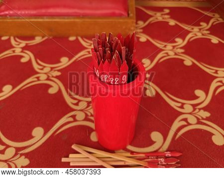 Fortune Sticks Or Seamsi In Thai Temple. Belief Fortune Telling