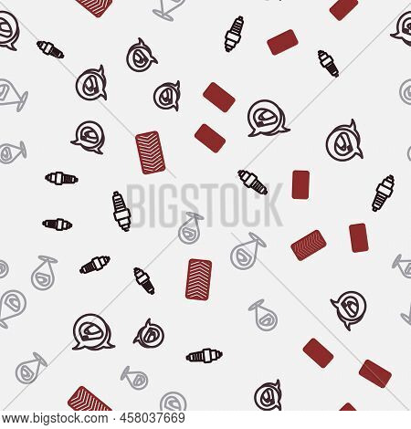 Set Line Car Spark Plug, Racing Helmet, And Tire Wheel On Seamless Pattern. Vector