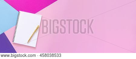 Banner With Notebook And Gold Pen On Pink Background. Purple, Margenta, Neon Fuchsia Color Corner. B